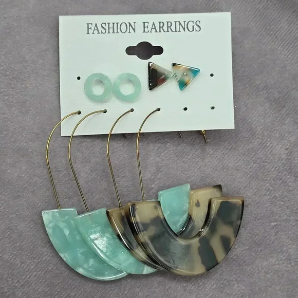 Green Brown Dangle Hoop Resin Stud Set of Four Boho Earring Fashion Jewelry - Picture 3 of 3